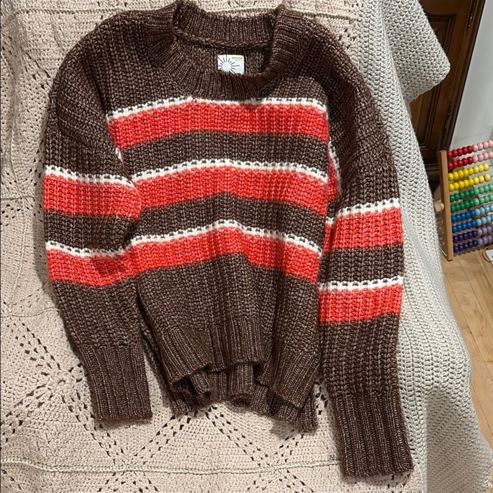 Aerie Brown and Red Striped Crew Neck Sweater
